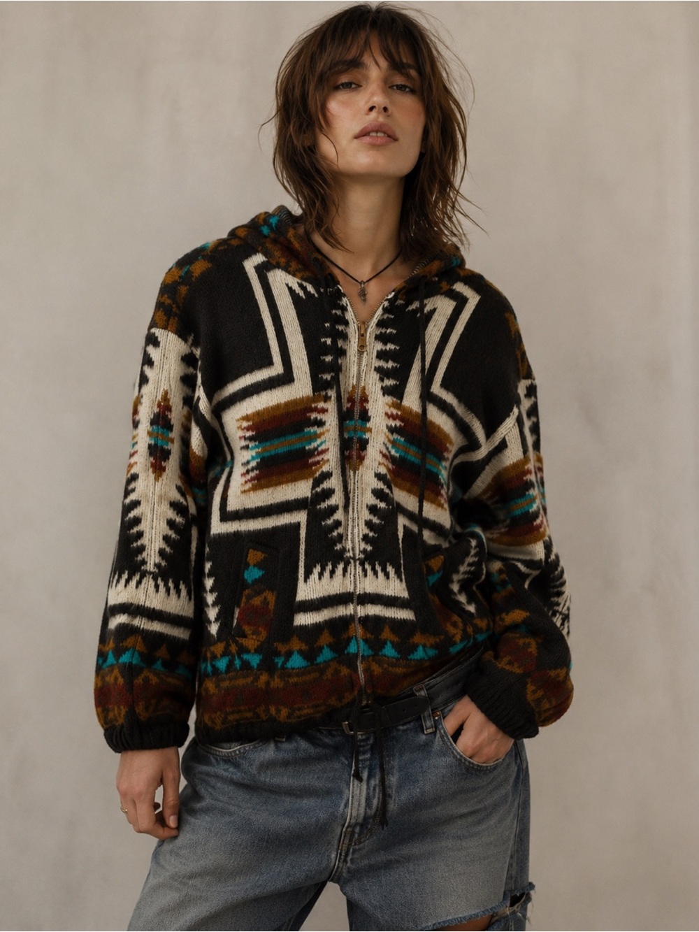 Earth Ragz Vintage Aztec Full Zip Baja Hoodie Sweater Jacket Women's M
